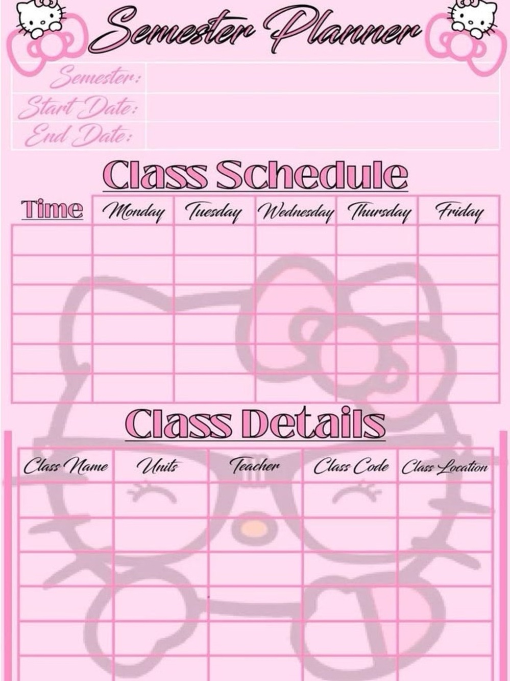 Hello Kitty Pink Semester Planner - Class Schedule & Details